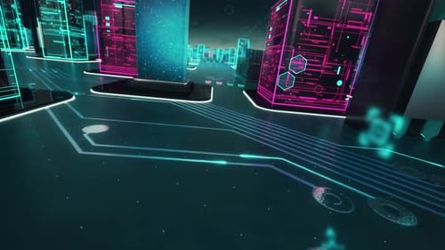 Futuristic Digital City Flythrough with Technology Words for Business Opener