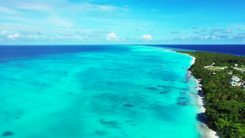 Aerial top down tourism of luxury coastline beach wildlife by shallow lagoon with white sandy backgr