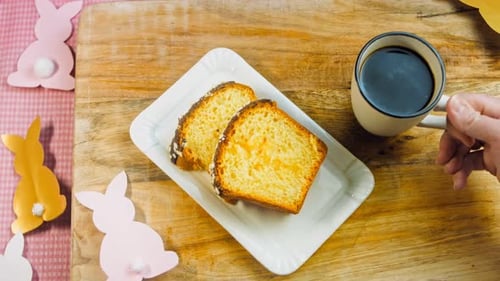 Cake and Coffee with Easter Decorations, Overhead Shot