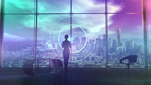 Femme d'affaires et projection de données holographiques HD