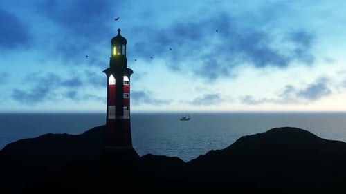 Lighthouse on Rocky Coast at Dawn with Flying Birds and Distant Ship