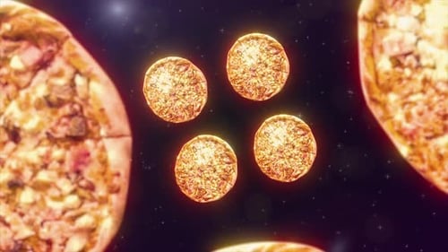 Animation GIF Pizza Motion Design sur une pizza volante colorée dans l'espace Livraison de nourriture