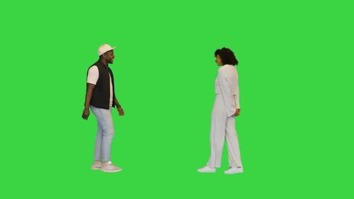 Young Casual Couple Meet, Talk and Shake Hands on a Green Screen, Chroma Key.
