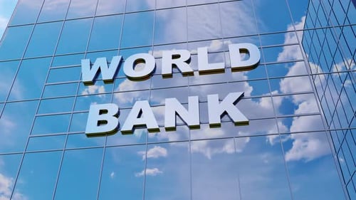 Bank Building and Financial Company Windows with Cloud and Sky in Reflections