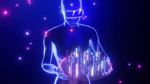 Femme dans des lunettes VR regardant l'hologramme de la ville