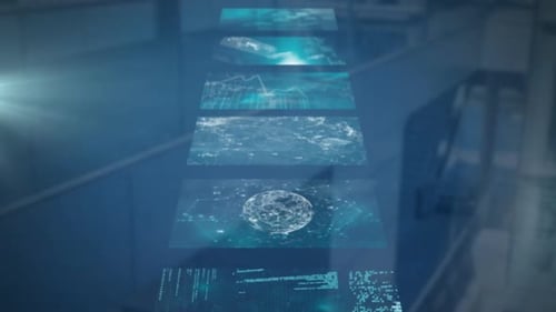 Animation of data processing with person using a smartphone over building in the background
