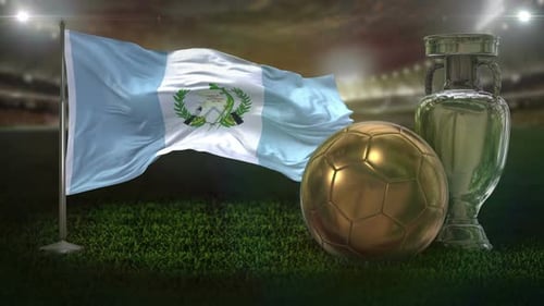 Guatemala Flag Waving with Golden Soccer Ball and Trophy