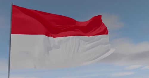 Realistic Red and White Flag Waving in Wind Against Blue Sky