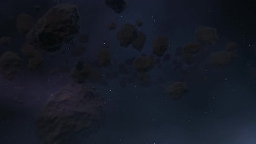 Kosmos. Asteroidengürtel. Der dichte Meteoritenschwarm bewegt sich schnell auf die Kamera zu
.