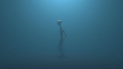 Animated 3D Alien Character Looking Around in Blue Fog