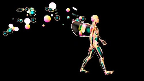 Animated Human Skeleton Walking with Iridescent Fluid Bubbles