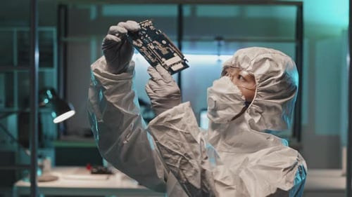 Asian Engineer in Coveralls Examining Computer Component in Laboratory
