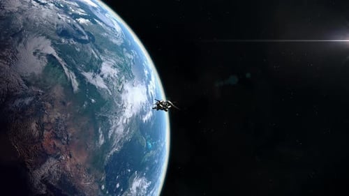 Futuristic Spaceship Flies Past Earth in Space Animation