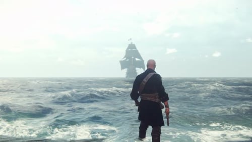 Pirate Standing on Beach Looking at Distant Ship