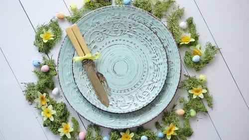 Festive Easter Table Setting with Moss and Daffodils
