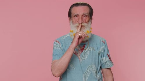 Senior Man Presses Index Finger to Lips Makes Silence Gesture Sign Do Not Tells Secret Shh Be Quiet