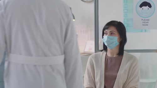 Portrait of Female Patient in Mask in Waiting Room in Clinic