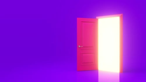 Yellow light inside an open pink door isolated on a purple background