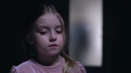 Scared Little Child Crying on Camera, Silhouette of Burglar Outside Door, Fear