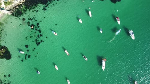 Aerial Panoramic View of Seascape with Crystal Clear Azure Sea and Rocky Shores