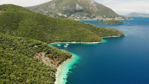 Yachts in the Bay Near the Green Island. Summer Vacation, Greece, Kefalonia