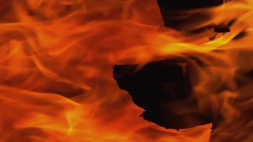 Vollbild vertikal: Orangefarbene Flammen des Holzkamins lodern heißes Feuer
