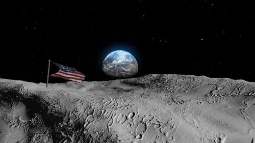 American Flag Waving on Moon Surface with Earth View