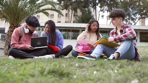 Student Friends Learning and Working Together Sitting on the Grass of the University College Campus
