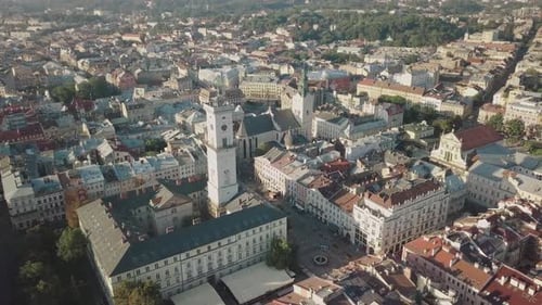 Aerial City Lviv, Ukraine. European City. Popular Areas of the City. Town Hall