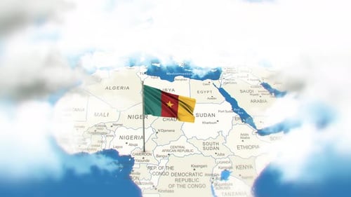 Waving Cameroon Flag Animation on Africa Map with Clouds