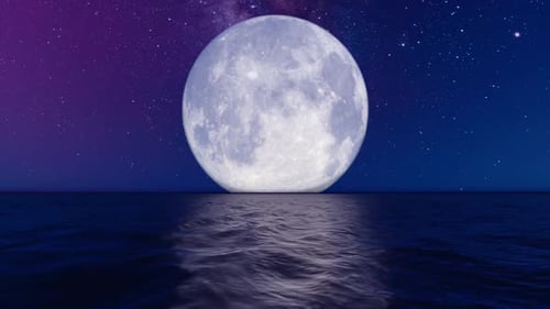 Serene Full Moon Reflecting on Ocean with Starry Night Sky Loop
