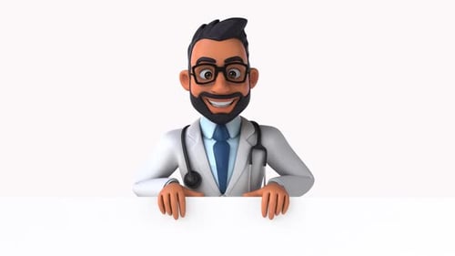 Animated 3D Doctor Character Pointing Down from Behind Board