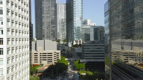 Aerial Shot Moving Between Modern Business Buildings with Offices, Miami USA