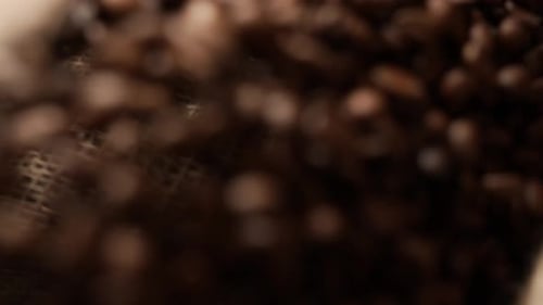 Coffee Beans Pouring From Burlap Bag Close Up