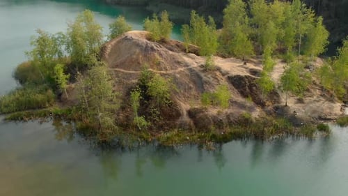 Bird's-eye View of the Autumn Landscape, Island, Lake and Forests. Beauty of Nature.
