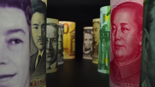 Foreign currency money exchange concept. Many banknotes of different nations.