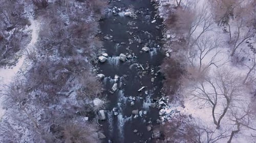Looking straight down at a rushing river in winter