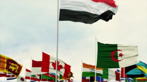 Global Community: National Flags Waving in the Wind