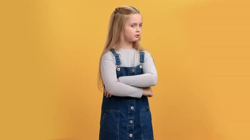 Offended Girl Showing No Not Dont Want Stop Palm Gesture Shaking Head Posing Isolated Orange Studio