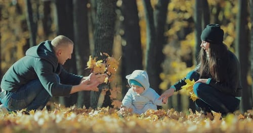 Family Playing with Leaves in Autumn Park