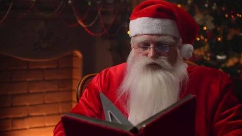 Santa Claus Reading a Book by the Fireplace