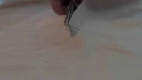 Scissors Cutting Light-Colored Fabric in Close Up