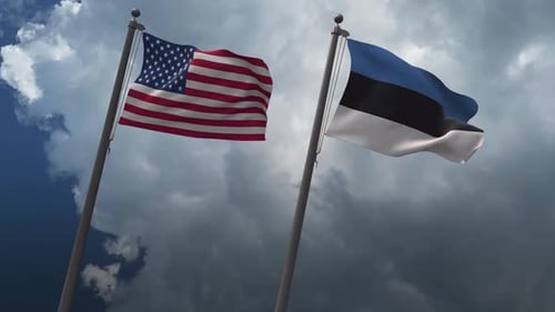 United States and Estonia Flags Waving in Cloudy Sky