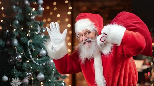 Funny Male Santa Claus Carrying Gift Sack Waving Hand at Christmas Tree