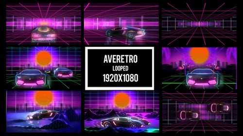 Retro Futuristic Sports Cars Driving in Neon Grid World