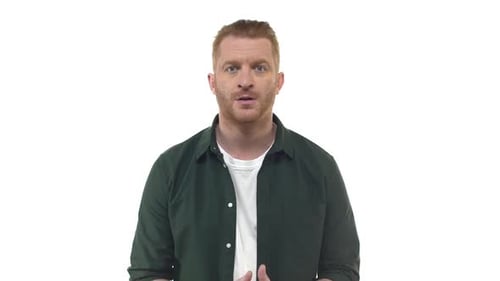 Slow Motion Handsome Redhead Bearded 30s Masculine Man Looking Wondered Unsure Squinting Cheering