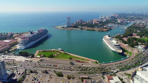 Aerial View of Cruise Ships in Tropical Harbor