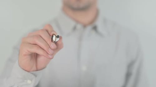 Continue Man Writing on Transparent Screen