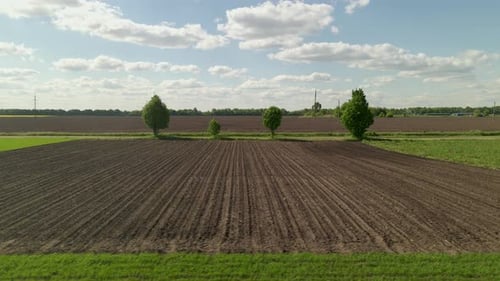 Agriculture Farm Fields Growing in naturePlow Ground Soil For Sowing Aerial Low Angle Flight