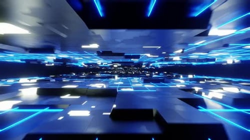 Futuristic Blue Cyber Grid Tunnel Abstract Loop Background